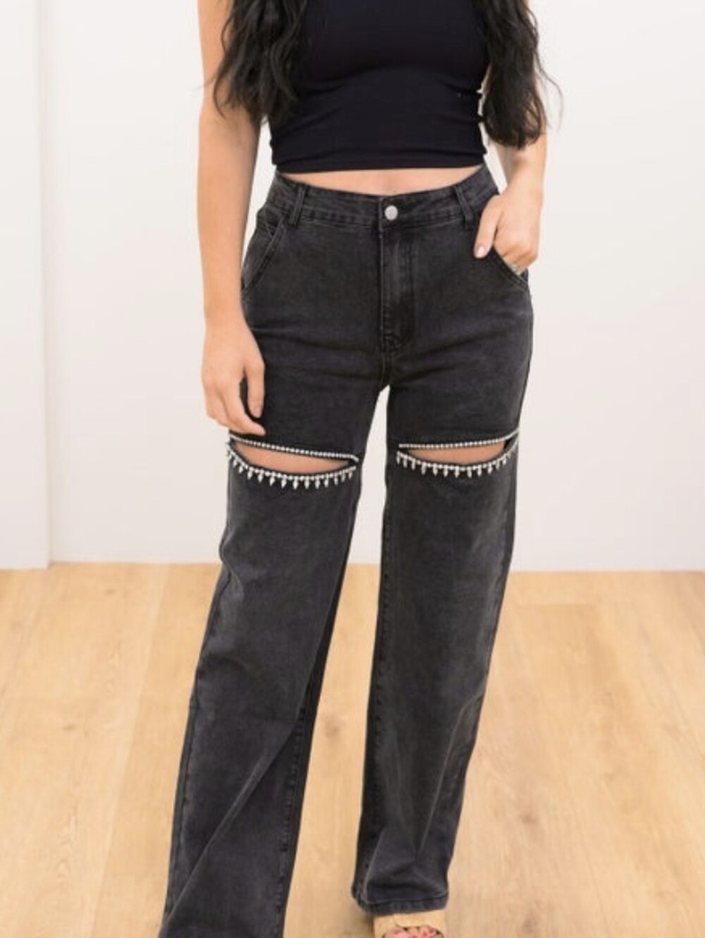 High-Rise Black Wide-Leg Jeans with Rhinestone Knee Accent